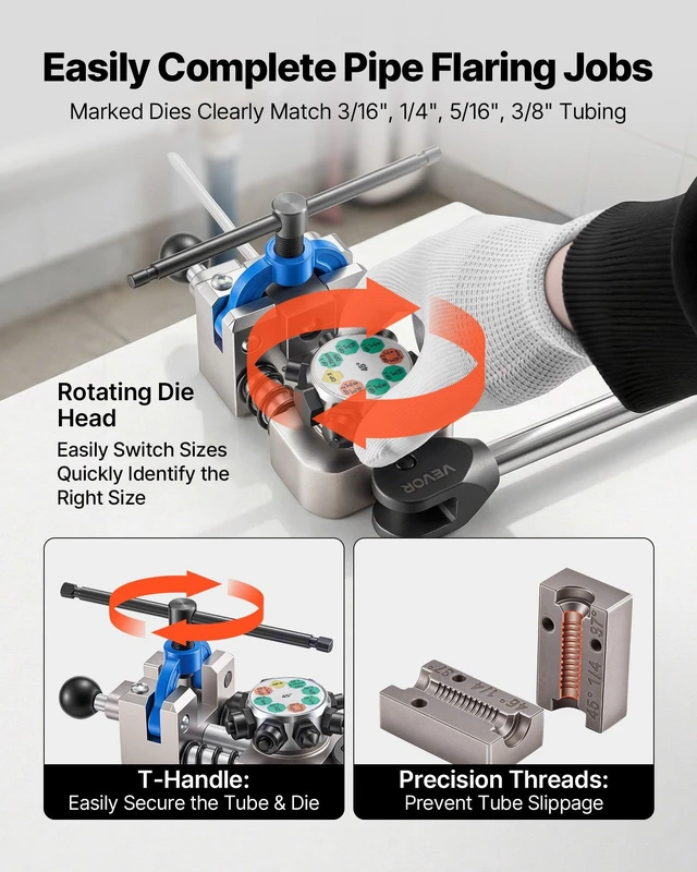 Alt view image 5 of 8 - VEVOR Professional Brake Line Flaring Tool, 45 Degree Double Flare Bubble Flare Tool Kit for 3/16", 1/4", 5/16", 3/8" Copper Aluminum Thin Steel Tubes