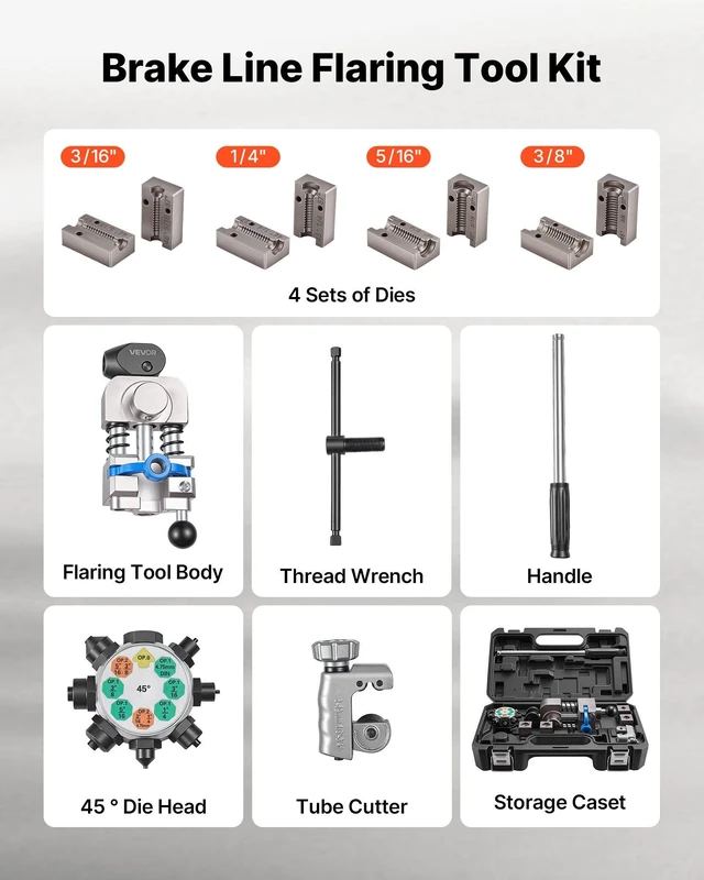 Alt view image 6 of 8 - VEVOR Professional Brake Line Flaring Tool, 45 Degree Double Flare Bubble Flare Tool Kit for 3/16", 1/4", 5/16", 3/8" Copper Aluminum Thin Steel Tubes