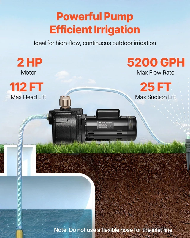 Alt view image 2 of 8 - VEVOR 2 HP Shallow Well Jet Pump, 230 Volt, 5200 GPH Cast Iron Well Jet Pump, with 112 ft Max Head Lift, Check Valve, Thermal Protection, Automatic On/Off, for Garden Irrigation Lawn Sprinkler System