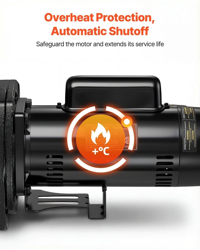 Alt view image 5 of 8 - VEVOR 2 HP Shallow Well Jet Pump, 230 Volt, 5200 GPH Cast Iron Well Jet Pump, with 112 ft Max Head Lift, Check Valve, Thermal Protection, Automatic On/Off, for Garden Irrigation Lawn Sprinkler System