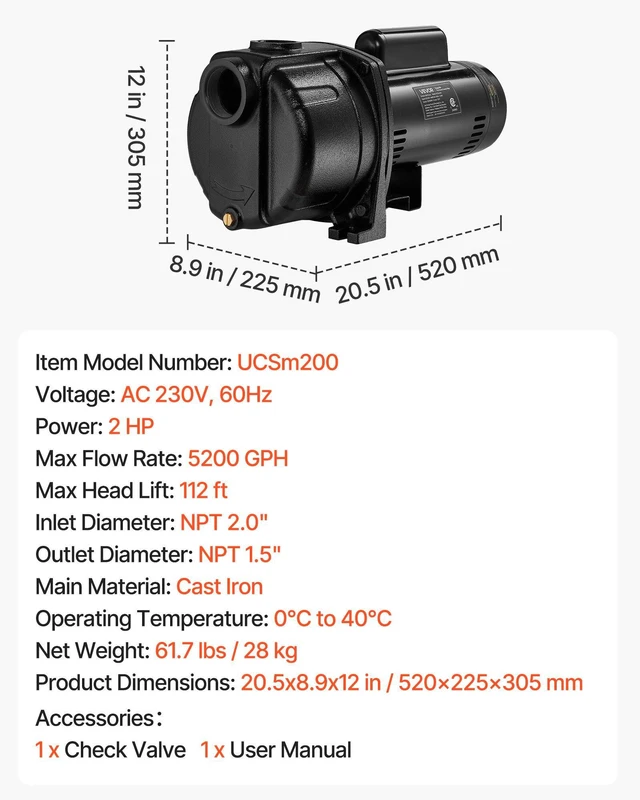 Alt view image 7 of 8 - VEVOR 2 HP Shallow Well Jet Pump, 230 Volt, 5200 GPH Cast Iron Well Jet Pump, with 112 ft Max Head Lift, Check Valve, Thermal Protection, Automatic On/Off, for Garden Irrigation Lawn Sprinkler System