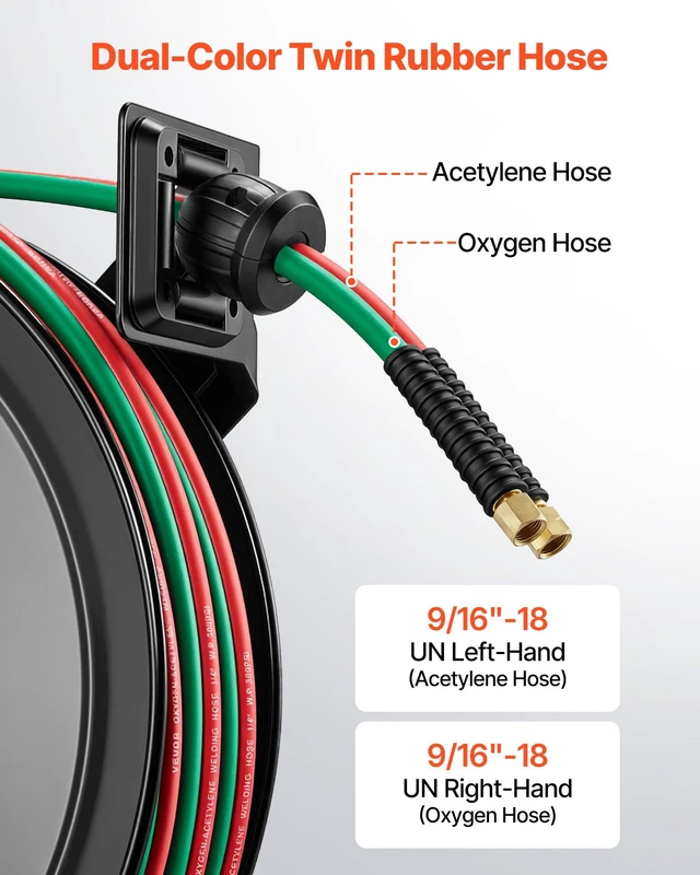 Alt view image 4 of 8 - VEVOR Retractable Welding Hose Reel, 1/4 Inch x 100FT Twin Oxygen Acetylene Rubber Hose Max 300PSI - R Grade, Ceiling/Wall Mount Heavy Duty Steel Hose Reel Auto-Rewind, Ideal for Workshops Garages