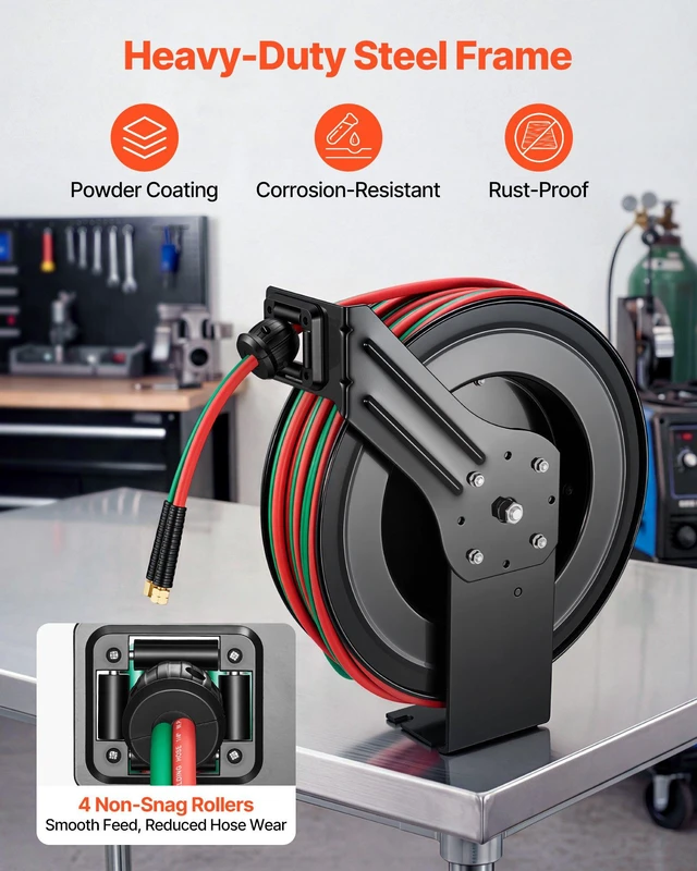 Alt view image 5 of 8 - VEVOR Retractable Welding Hose Reel, 1/4 Inch x 100FT Twin Oxygen Acetylene Rubber Hose Max 300PSI - R Grade, Ceiling/Wall Mount Heavy Duty Steel Hose Reel Auto-Rewind, Ideal for Workshops Garages