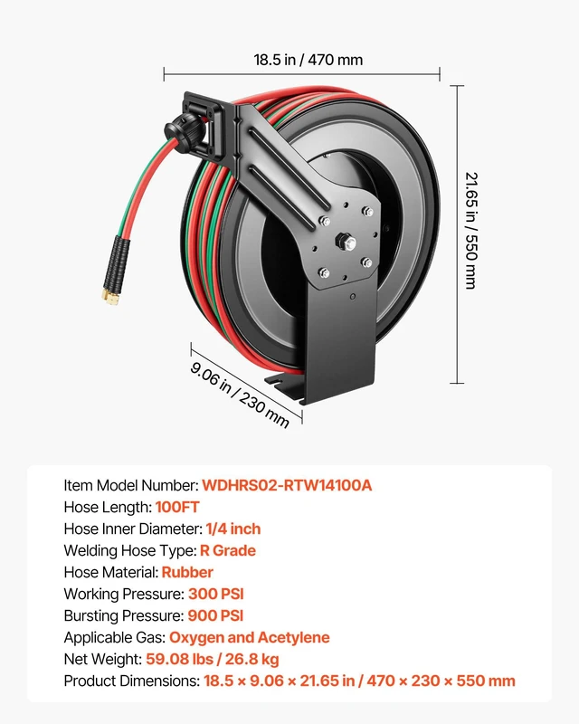 Alt view image 7 of 8 - VEVOR Retractable Welding Hose Reel, 1/4 Inch x 100FT Twin Oxygen Acetylene Rubber Hose Max 300PSI - R Grade, Ceiling/Wall Mount Heavy Duty Steel Hose Reel Auto-Rewind, Ideal for Workshops Garages