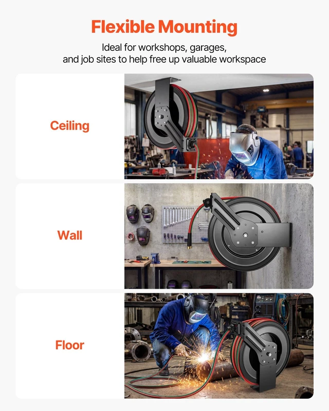 Alt view image 6 of 8 - VEVOR Retractable Welding Hose Reel, 1/4 Inch x 100FT Twin Oxygen Acetylene Rubber Hose Max 300PSI - R Grade, Ceiling/Wall Mount Heavy Duty Steel Hose Reel Auto-Rewind, Ideal for Workshops Garages