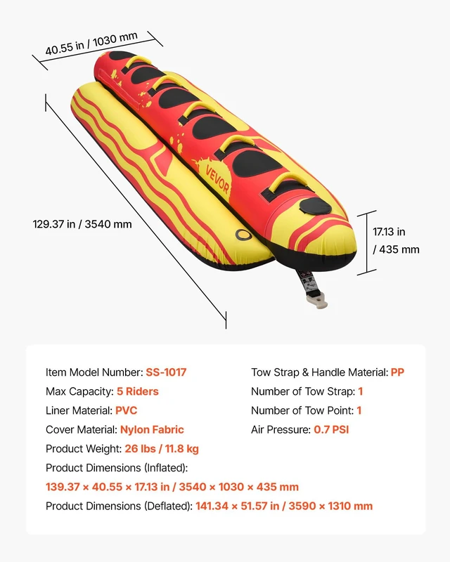 Alt view image 7 of 8 - VEVOR Towable Tubes for Boating, 5 Riders Inflatable Boat Tubes and Towables, 850 lbs Capacity Water Sport Tube for Boat to Pull - with Full Nylon Cover, Padded Grip Handles & Safety Valve