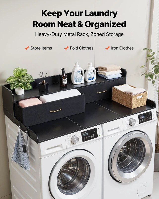 Alt view image 2 of 8 - VEVOR Washer Dryer Countertop with Shelf, 54 x 27.5 in Wooden Washer and Dryer Topper with 2 Drawers & 2 Hooks, Laundry Machine Topper for Laundry Closet Pantry Counter Organization and Storage, Black