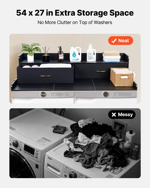 Alt view image 3 of 8 - VEVOR Washer Dryer Countertop with Shelf, 54 x 27.5 in Wooden Washer and Dryer Topper with 2 Drawers & 2 Hooks, Laundry Machine Topper for Laundry Closet Pantry Counter Organization and Storage, Black