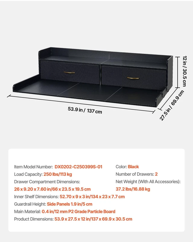 Alt view image 7 of 8 - VEVOR Washer Dryer Countertop with Shelf, 54 x 27.5 in Wooden Washer and Dryer Topper with 2 Drawers & 2 Hooks, Laundry Machine Topper for Laundry Closet Pantry Counter Organization and Storage, Black