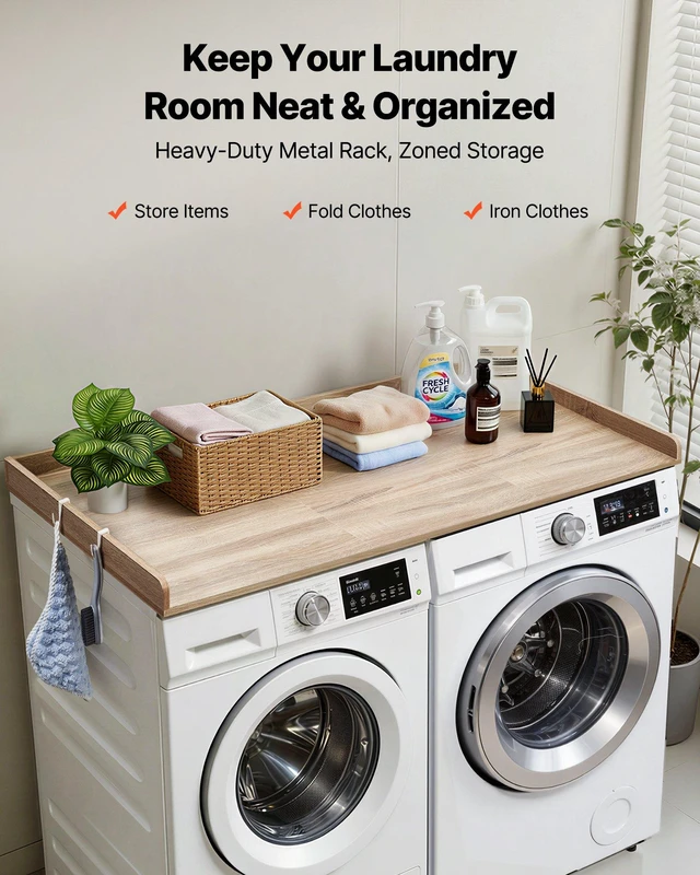 Alt view image 2 of 8 - VEVOR Washer Dryer Countertop, 54 x 27.5 in Wooden Washer and Dryer Topper with Edge & 2 Hooks, Water-Resistant Laundry Machine Topper for Laundry Closet Pantry Counter Organization and Storage, Oak