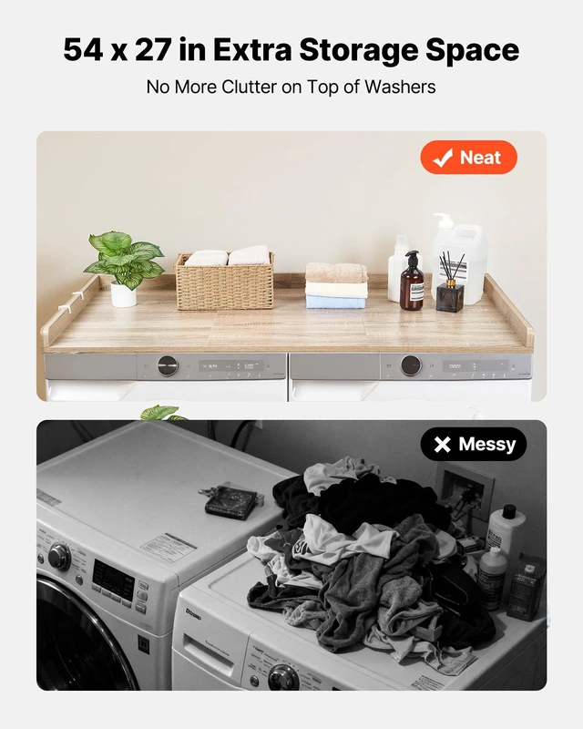 Alt view image 3 of 8 - VEVOR Washer Dryer Countertop, 54 x 27.5 in Wooden Washer and Dryer Topper with Edge & 2 Hooks, Water-Resistant Laundry Machine Topper for Laundry Closet Pantry Counter Organization and Storage, Oak