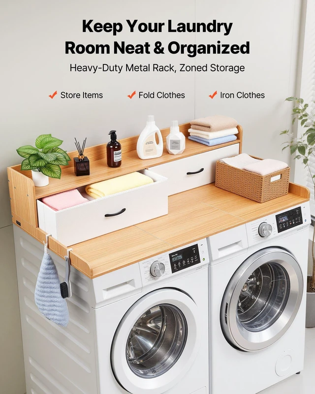 Alt view image 2 of 8 - VEVOR Washer Dryer Countertop with Shelf, 54 x 27.5 in Wooden Washer and Dryer Topper with 2 Drawers & 2 Hooks, Laundry Machine Topper for Laundry Closet Pantry Counter Organization and Storage,