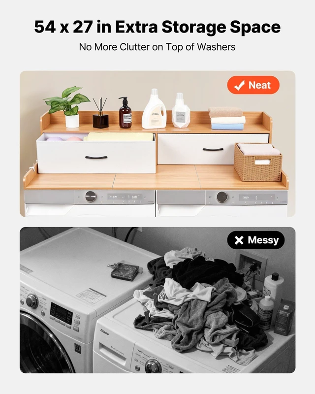 Alt view image 3 of 8 - VEVOR Washer Dryer Countertop with Shelf, 54 x 27.5 in Wooden Washer and Dryer Topper with 2 Drawers & 2 Hooks, Laundry Machine Topper for Laundry Closet Pantry Counter Organization and Storage,