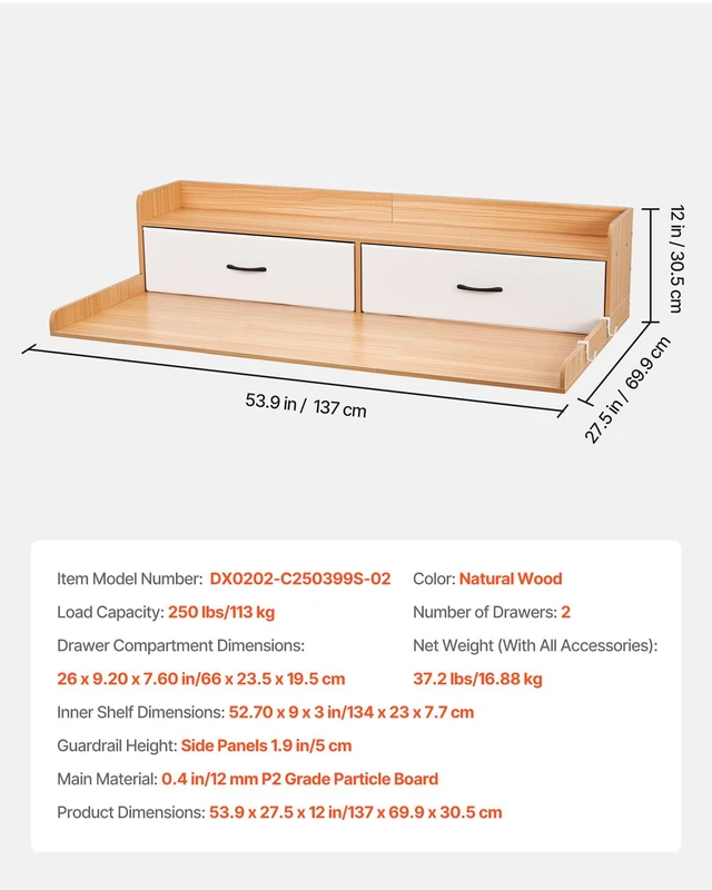 Alt view image 7 of 8 - VEVOR Washer Dryer Countertop with Shelf, 54 x 27.5 in Wooden Washer and Dryer Topper with 2 Drawers & 2 Hooks, Laundry Machine Topper for Laundry Closet Pantry Counter Organization and Storage,