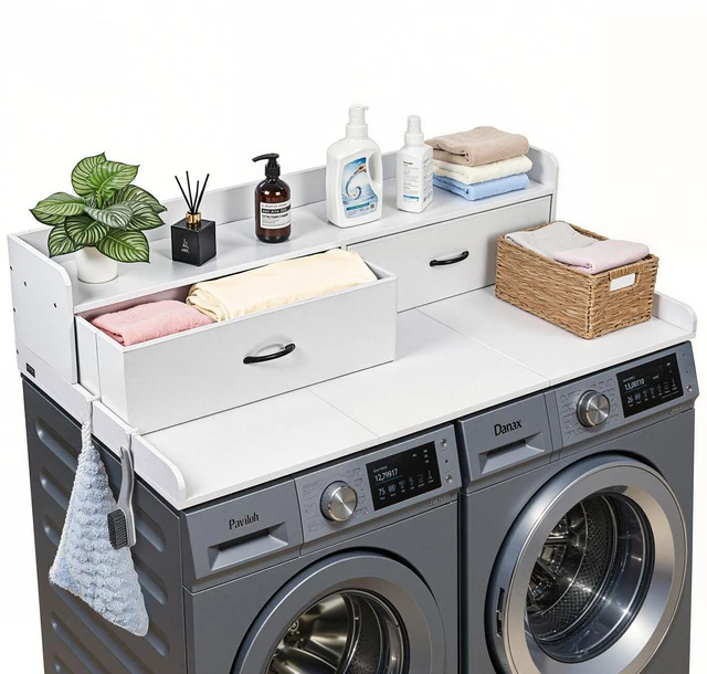 Main image of VEVOR Washer Dryer Countertop with Shelf, 54 x 27.5 in Wooden Washer and Dryer Topper with 2 Drawers & 2 Hooks, Laundry Machine Topper for Laundry Closet Pantry Counter Organization and Storage, White
