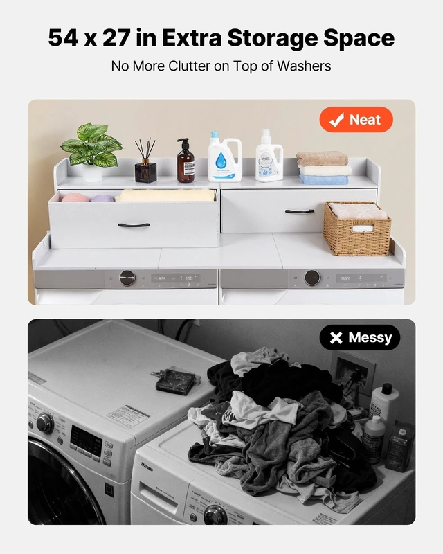 Alt view image 3 of 8 - VEVOR Washer Dryer Countertop with Shelf, 54 x 27.5 in Wooden Washer and Dryer Topper with 2 Drawers & 2 Hooks, Laundry Machine Topper for Laundry Closet Pantry Counter Organization and Storage, White