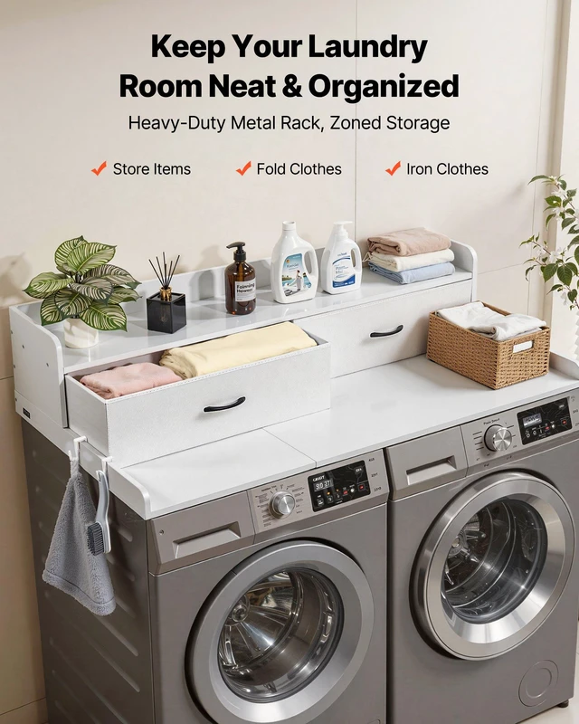 Alt view image 2 of 8 - VEVOR Washer Dryer Countertop with Shelf, 54 x 27.5 in Wooden Washer and Dryer Topper with 2 Drawers & 2 Hooks, Laundry Machine Topper for Laundry Closet Pantry Counter Organization and Storage, White