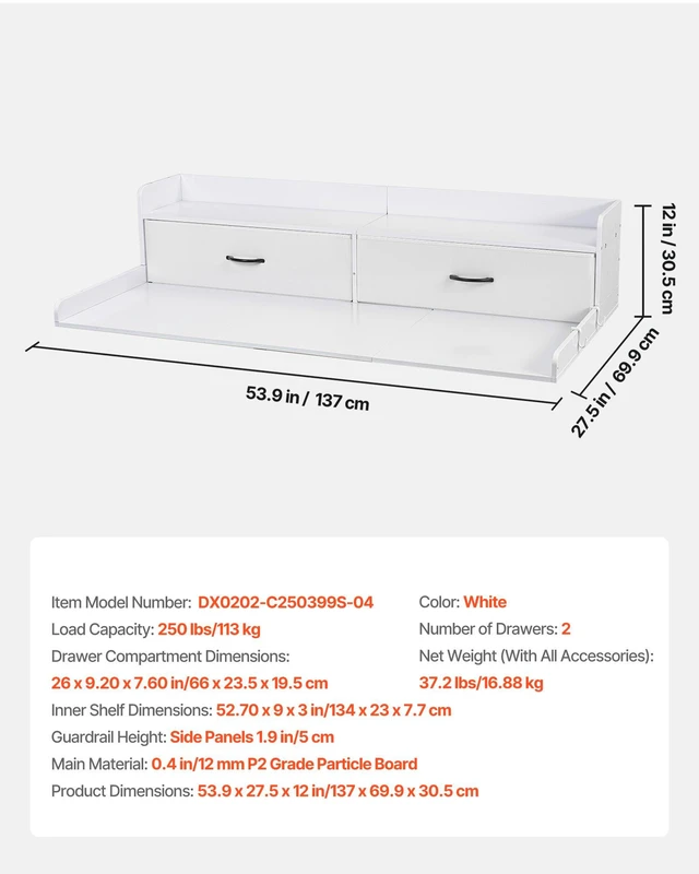 Alt view image 7 of 8 - VEVOR Washer Dryer Countertop with Shelf, 54 x 27.5 in Wooden Washer and Dryer Topper with 2 Drawers & 2 Hooks, Laundry Machine Topper for Laundry Closet Pantry Counter Organization and Storage, White