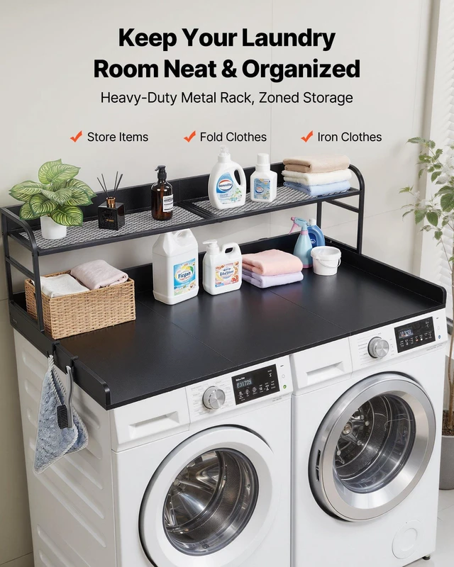 Alt view image 2 of 8 - VEVOR Washer Dryer Countertop with Shelf, 54 x 27.5 in Wooden Washer and Dryer Topper with Edge and 2 Hooks, Laundry Machine Topper for Laundry Closet Pantry Counter Organization and Storage, Black