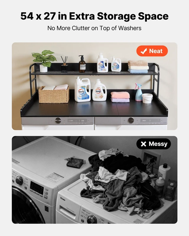 Alt view image 3 of 8 - VEVOR Washer Dryer Countertop with Shelf, 54 x 27.5 in Wooden Washer and Dryer Topper with Edge and 2 Hooks, Laundry Machine Topper for Laundry Closet Pantry Counter Organization and Storage, Black
