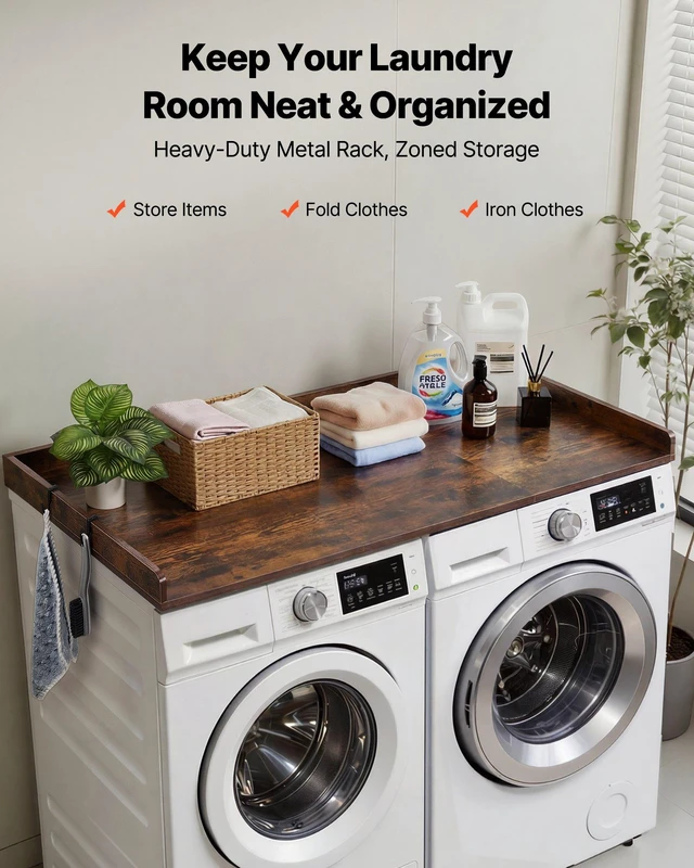 Alt view image 2 of 8 - VEVOR Washer Dryer Countertop, 54 x 27.5 in Wooden Washer and Dryer Topper with Edge & 2 Hooks, Water-Resistant Laundry Machine Topper for Laundry Closet Pantry Counter Organization and Storage, Brown