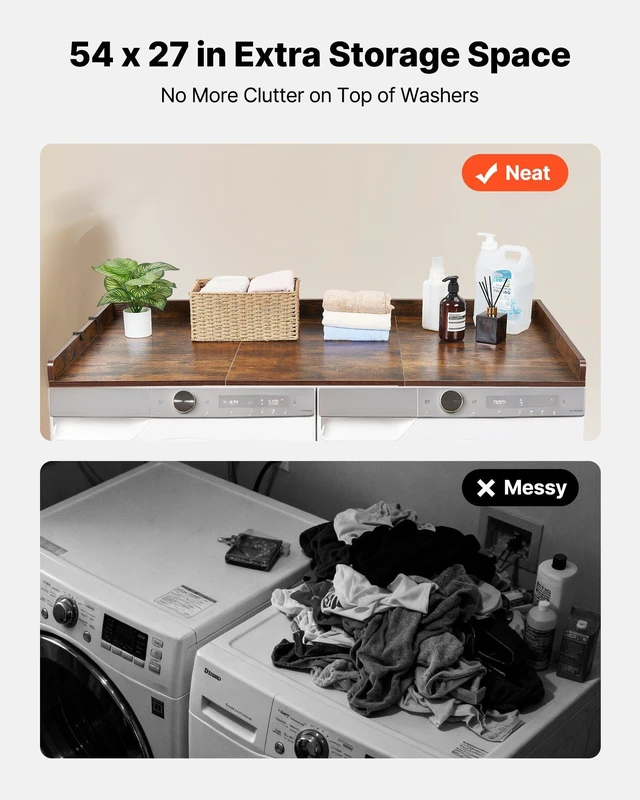 Alt view image 3 of 8 - VEVOR Washer Dryer Countertop, 54 x 27.5 in Wooden Washer and Dryer Topper with Edge & 2 Hooks, Water-Resistant Laundry Machine Topper for Laundry Closet Pantry Counter Organization and Storage, Brown