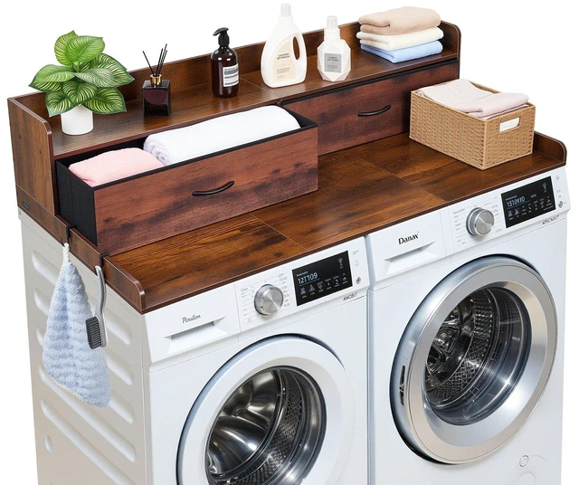 Main image of VEVOR Washer Dryer Countertop with Shelf, 54 x 27.5 in Wooden Washer and Dryer Topper with 2 Drawers & 2 Hooks, Laundry Machine Topper for Laundry Closet Pantry Counter Organization and Storage, Brown
