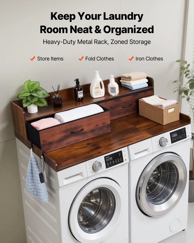 Alt view image 2 of 8 - VEVOR Washer Dryer Countertop with Shelf, 54 x 27.5 in Wooden Washer and Dryer Topper with 2 Drawers & 2 Hooks, Laundry Machine Topper for Laundry Closet Pantry Counter Organization and Storage, Brown