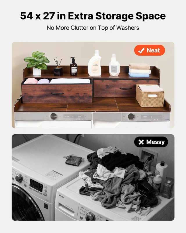Alt view image 3 of 8 - VEVOR Washer Dryer Countertop with Shelf, 54 x 27.5 in Wooden Washer and Dryer Topper with 2 Drawers & 2 Hooks, Laundry Machine Topper for Laundry Closet Pantry Counter Organization and Storage, Brown