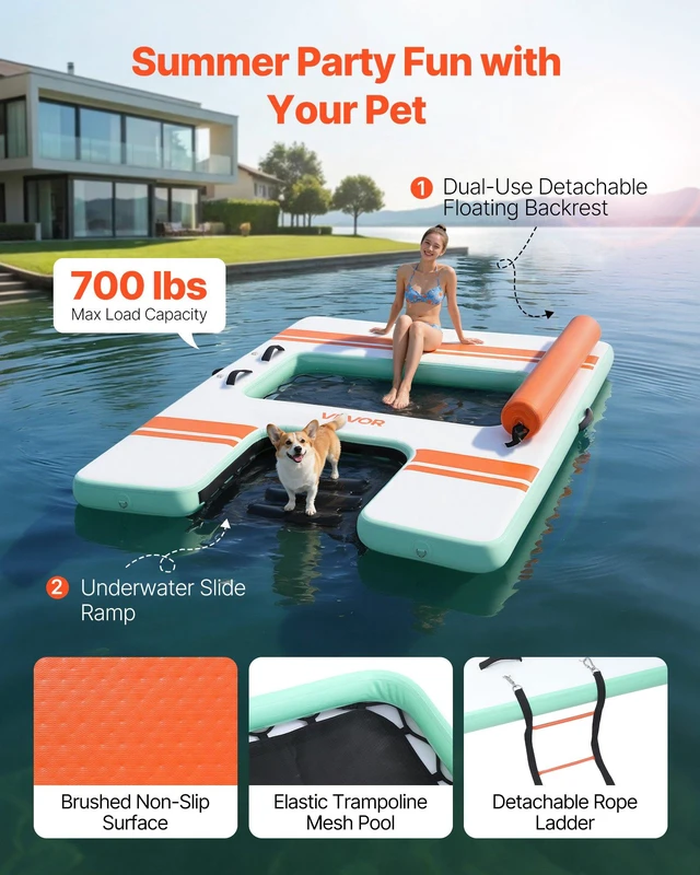 Alt view image 2 of 8 - VEVOR Inflatable Floating Dock, 8 x 6 FT Inflatable Dock Platform, Non-Slip Water Air Mat with Portable Carrying Bag and Detachable Ladder, Floating Water Platform Island Raft for Pool Beach Ocean