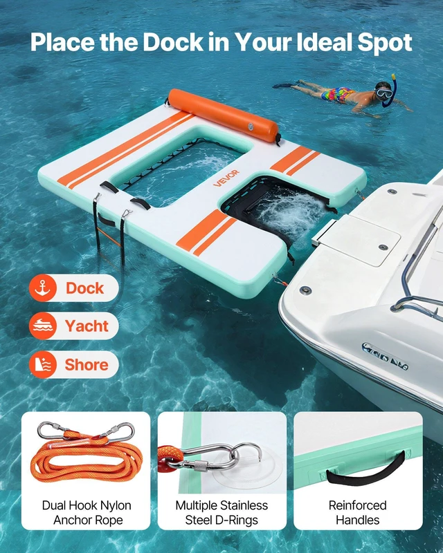 Alt view image 4 of 8 - VEVOR Inflatable Floating Dock, 8 x 6 FT Inflatable Dock Platform, Non-Slip Water Air Mat with Portable Carrying Bag and Detachable Ladder, Floating Water Platform Island Raft for Pool Beach Ocean