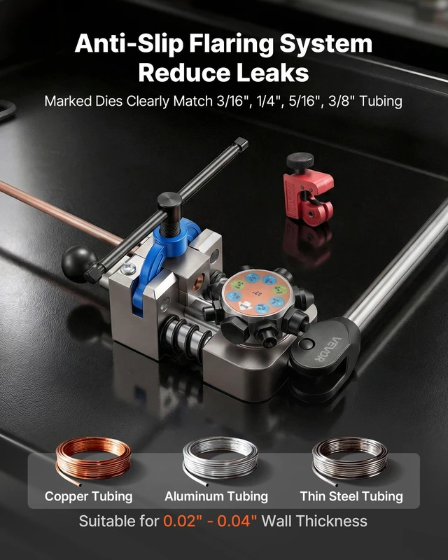 Alt view image 3 of 8 - VEVOR Professional Brake Line Flaring Tool, 45 & 37 Degree Double Flare Bubble Flare Tool Kit for 3/16", 1/4", 5/16", 3/8" Copper Aluminum Thin Steel Tubes