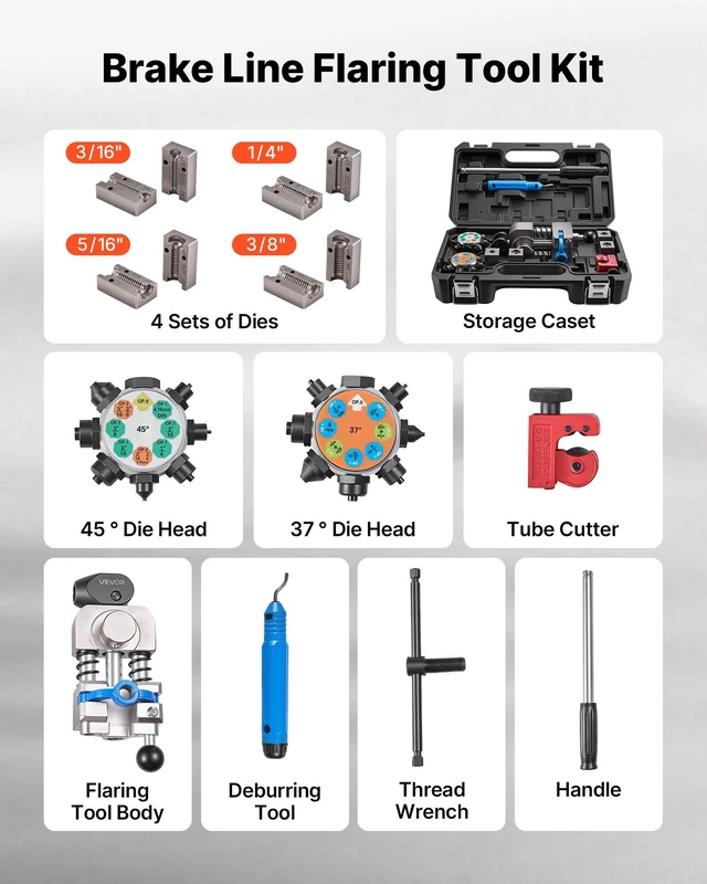 Alt view image 6 of 8 - VEVOR Professional Brake Line Flaring Tool, 45 & 37 Degree Double Flare Bubble Flare Tool Kit for 3/16", 1/4", 5/16", 3/8" Copper Aluminum Thin Steel Tubes