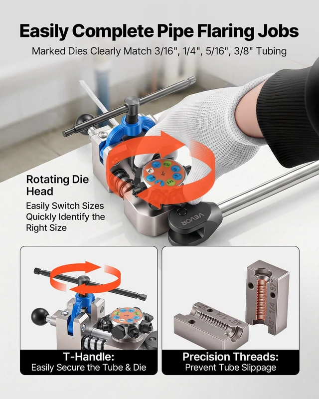 Alt view image 5 of 8 - VEVOR Professional Brake Line Flaring Tool, 45 & 37 Degree Double Flare Bubble Flare Tool Kit for 3/16", 1/4", 5/16", 3/8" Copper Aluminum Thin Steel Tubes