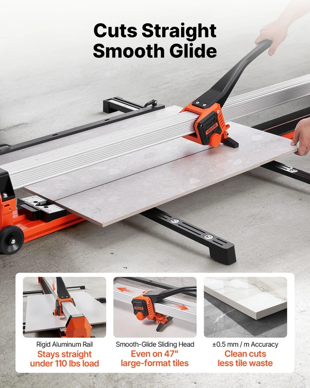 Alt view image 2 of 8 - VEVOR 47.2-Inch Manual Tile Cutter, Upgraded Rail and Sliding Head, Precision Alignment Guide, Tungsten Carbide Cutting Wheel, Support Legs with Swivel Wheels, for DIY Pros, Ceramic, Floor, Wall Tiles