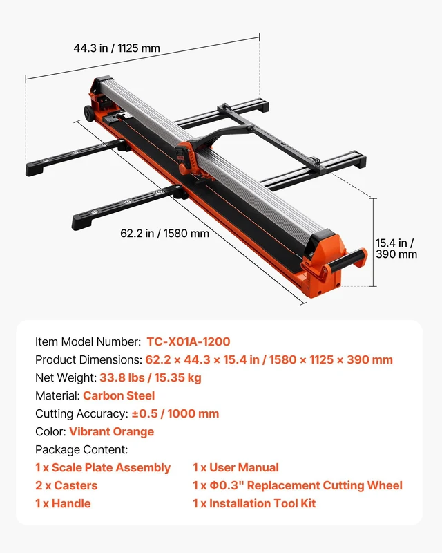Alt view image 7 of 8 - VEVOR 47.2-Inch Manual Tile Cutter, Upgraded Rail and Sliding Head, Precision Alignment Guide, Tungsten Carbide Cutting Wheel, Support Legs with Swivel Wheels, for DIY Pros, Ceramic, Floor, Wall Tiles