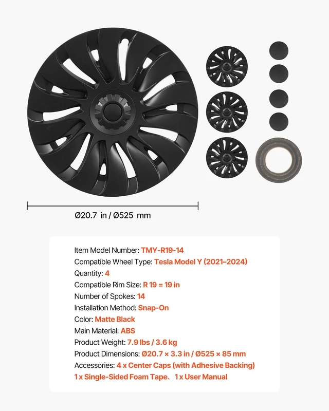 Alt view image 7 of 8 - VEVOR Hubcaps Wheel Covers for 2021-2024 Tesla Model Y, 19 Inch Set of 4 Wheel Rim Cover Hubcaps OEM Style Replacement, R19 Size Snap On Car Hub Caps, Premium 14-Spoke ABS Tire Rim Caps, Matte Black