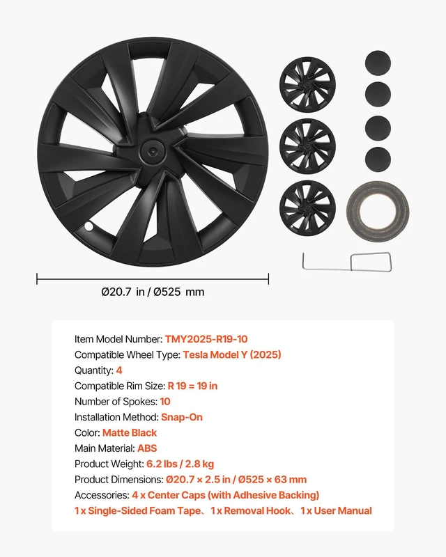 Alt view image 7 of 8 - VEVOR Hubcaps Wheel Covers for 2025 Tesla Model Y, 19 Inch Set of 4 Wheel Rim Cover Hubcaps OEM Style Replacement, R19 Size Snap On Car Hub Caps, Premium Sturdy 10-Spoke ABS Tire Rim Caps, Matte Black