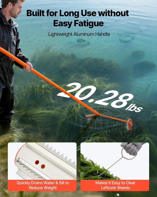 Alt view image 3 of 8 - VEVOR Lake Weed Roller, 18 ft Lake & Pond Weed Removal Tool, Muck Razer Aquatic & Sludge Tiller, Rid Roots and Muck Buildup, 6 Preassembled Stainless Steel Blades, 5 Aluminum Handles, Easy Assembly