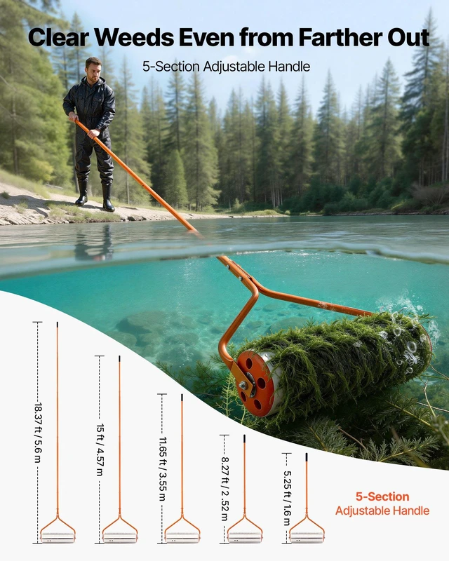 Alt view image 4 of 8 - VEVOR Lake Weed Roller, 18 ft Lake & Pond Weed Removal Tool, Muck Razer Aquatic & Sludge Tiller, Rid Roots and Muck Buildup, 6 Preassembled Stainless Steel Blades, 5 Aluminum Handles, Easy Assembly