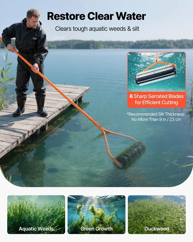 Alt view image 2 of 8 - VEVOR Lake Weed Roller, 14.1 ft Stainless Steel Lake & Pond Weed Removal Tool, Muck Razer Aquatic & Sludge Tiller, Rid Roots and Muck Buildup, 6 Preassembled Stainless Steel Blades, 4 Aluminum Handles