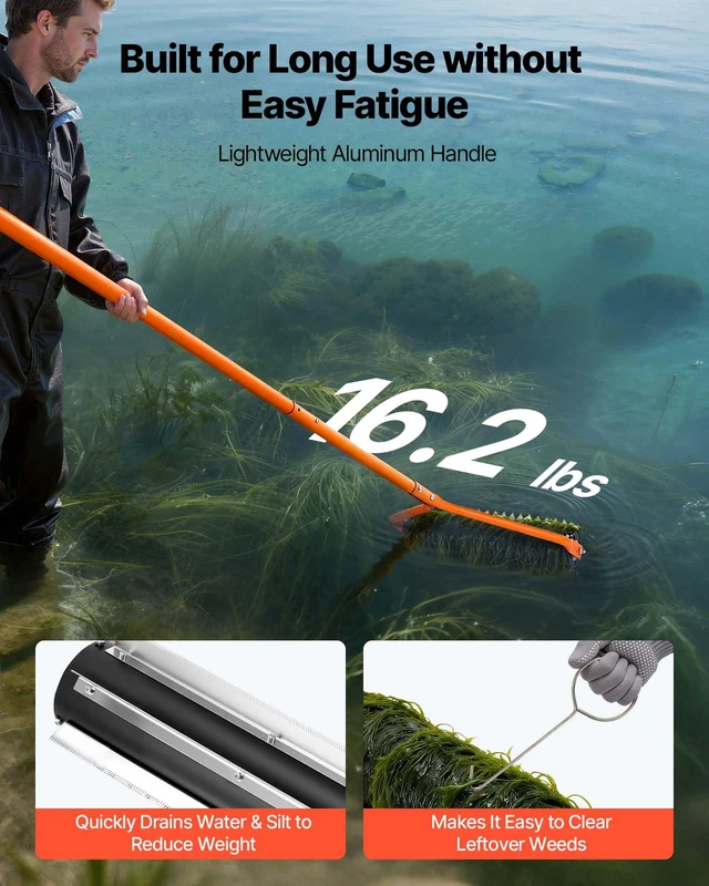 Alt view image 3 of 8 - VEVOR Lake Weed Roller, 14.1 ft Stainless Steel Lake & Pond Weed Removal Tool, Muck Razer Aquatic & Sludge Tiller, Rid Roots and Muck Buildup, 6 Preassembled Stainless Steel Blades, 4 Aluminum Handles