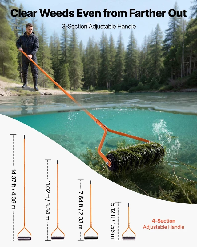 Alt view image 4 of 8 - VEVOR Lake Weed Roller, 14.1 ft Stainless Steel Lake & Pond Weed Removal Tool, Muck Razer Aquatic & Sludge Tiller, Rid Roots and Muck Buildup, 6 Preassembled Stainless Steel Blades, 4 Aluminum Handles