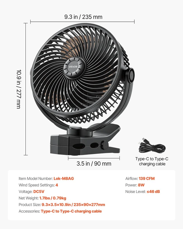 Alt view image 7 of 8 - VEVOR Portable Clip Fan, Rechargeable Clip On Fan, USB Port with 3 Speeds & Circulation Mode, Strong Airflow Sturdy Clamp, Long Runtime for Desk, Golf Cart, Outdoor Camping Treadmill, Office, Black