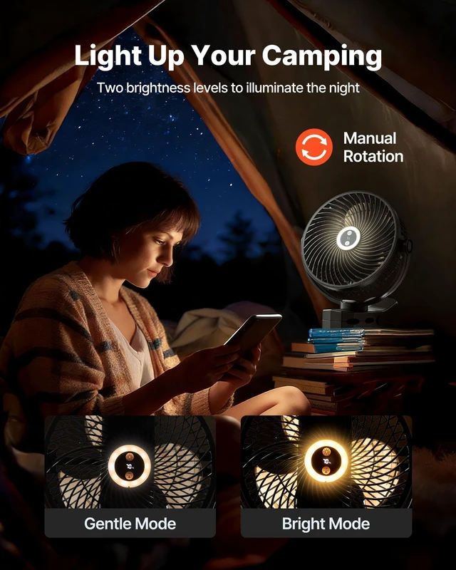 Alt view image 3 of 8 - VEVOR Portable Clip Fan, Rechargeable Clip On Fan with Light, USB Port with 3 Speeds & Circulation Mode, Strong Airflow Sturdy Clamp, Long Runtime for Desk, Golf Cart,Outdoor Camping Treadmill,Black