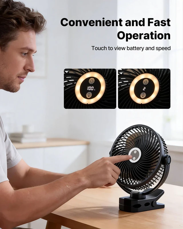 Alt view image 6 of 8 - VEVOR Portable Clip Fan, Rechargeable Clip On Fan with Light, USB Port with 3 Speeds & Circulation Mode, Strong Airflow Sturdy Clamp, Long Runtime for Desk, Golf Cart,Outdoor Camping Treadmill,Black