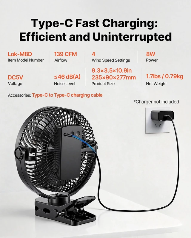 Alt view image 7 of 8 - VEVOR Portable Clip Fan, Rechargeable Clip On Fan with Light, USB Port with 3 Speeds & Circulation Mode, Strong Airflow Sturdy Clamp, Long Runtime for Desk, Golf Cart,Outdoor Camping Treadmill,Black