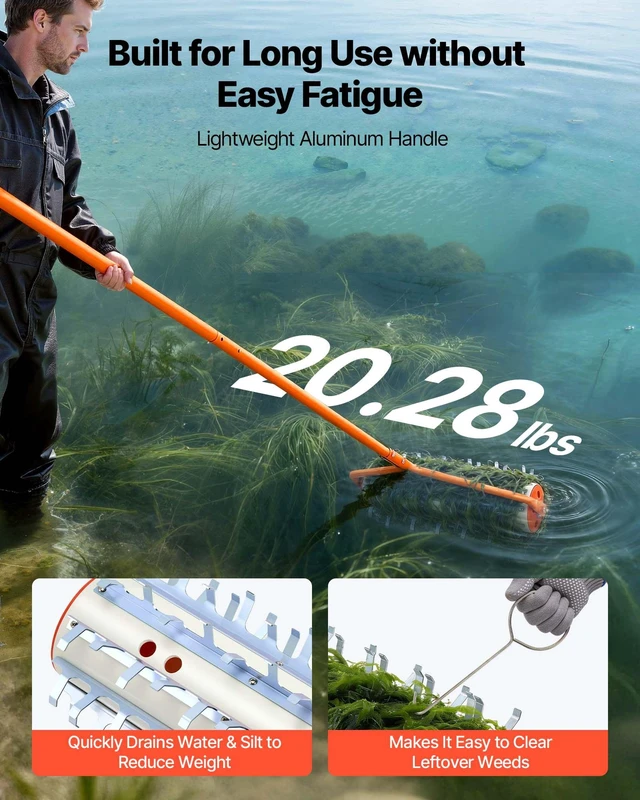 Alt view image 3 of 8 - VEVOR Lake Weed Roller, 12 ft Lake & Pond Weed Removal Tool, Muck Razer Aquatic & Sludge Tiller, Rid Roots and Muck Buildup, 9 Preassembled Galvanized Iron Blades, 3 Aluminum Handles, Easy Assembly