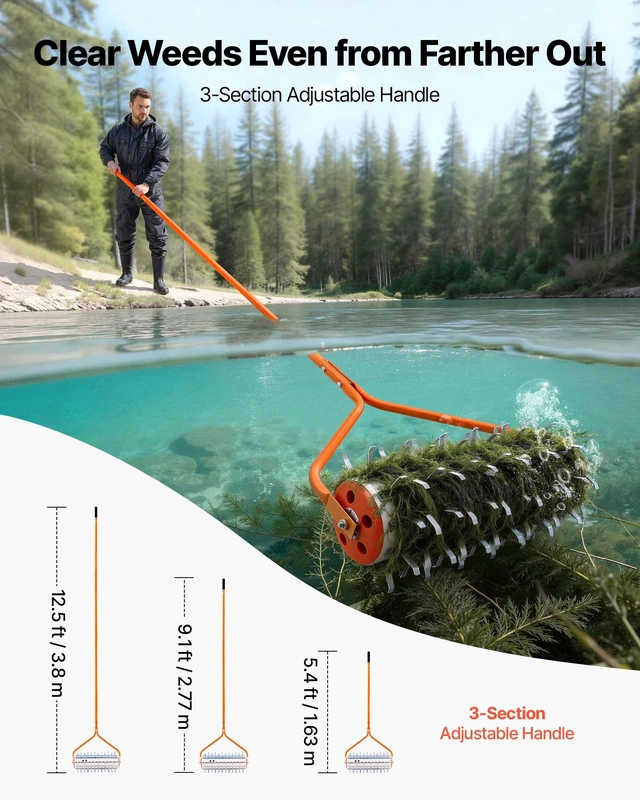Alt view image 4 of 8 - VEVOR Lake Weed Roller, 12 ft Lake & Pond Weed Removal Tool, Muck Razer Aquatic & Sludge Tiller, Rid Roots and Muck Buildup, 9 Preassembled Galvanized Iron Blades, 3 Aluminum Handles, Easy Assembly