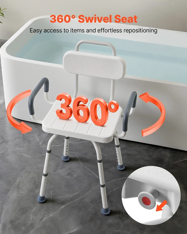 Alt view image 2 of 8 - VEVOR Swivel Shower Chair with Arms and Back, 400 lbs Heavy Duty Bench Seat for Inside Shower Stall and Bathtub, Height Adjustable Bathroom Bath Tub Seat for Adults, Seniors, Elderly and Disabled